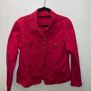 Red jean jacket with no tag. Measurements         P + P = 21”  S+H = 23.5”